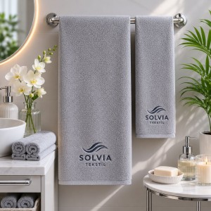 Logolu El ve Banyo Havlusu Takımı Açık Gri 50x90cm 70x140cm